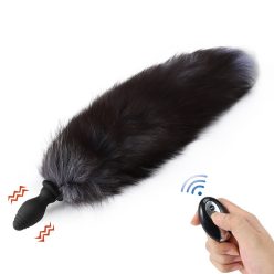 Távirányítós vibráló anál plug rókafarokkal - fekete